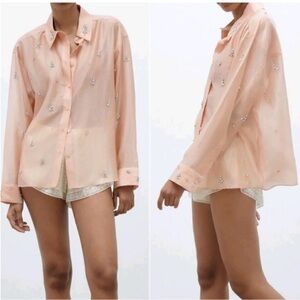 NEW ZARA COLLECTION GEM JEWELS BOTTON DOWN SHIRT BLOUE BEIGE-PINK TOP